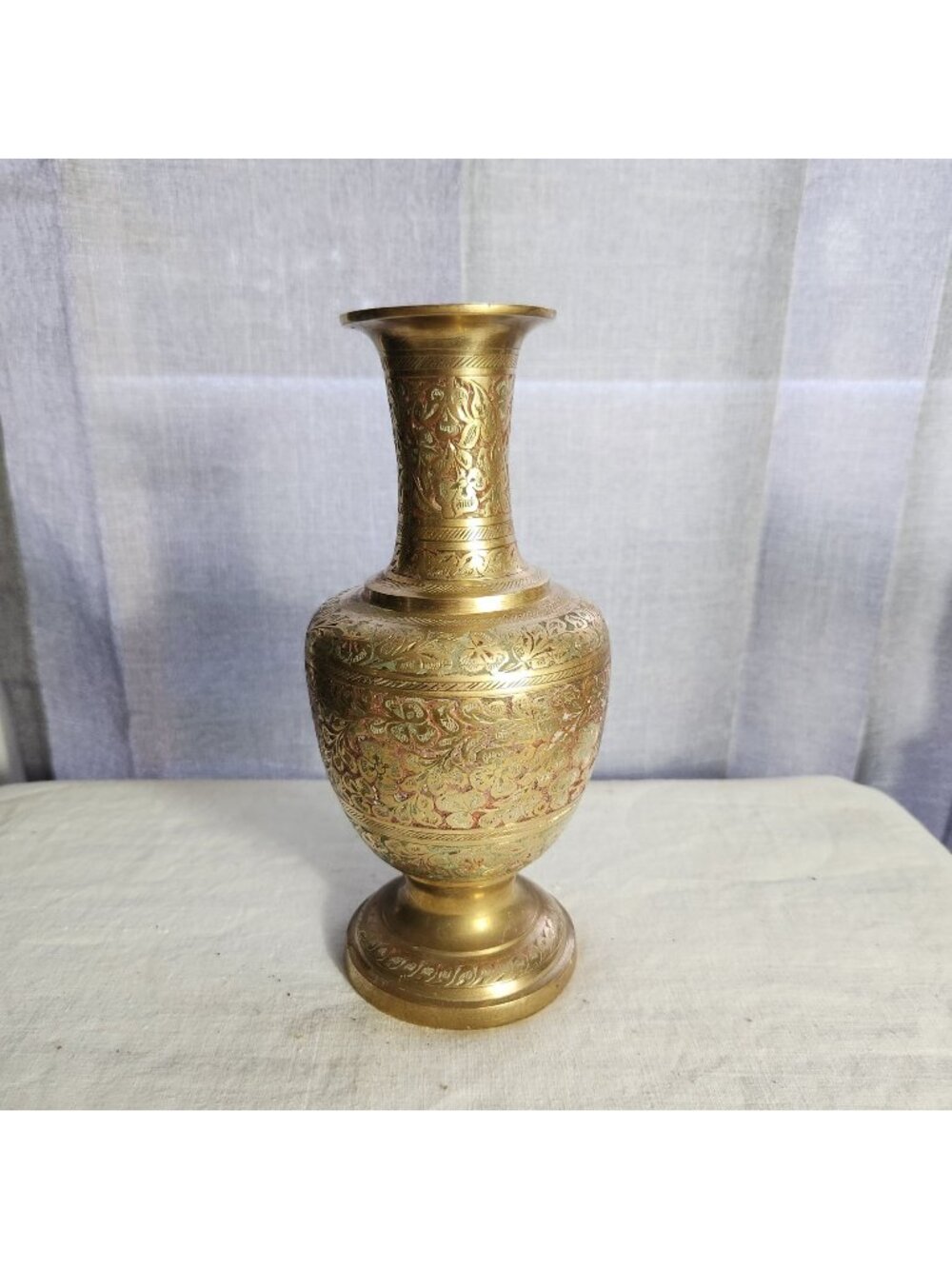 Vintage Handcrafted MCM Brass Vase With Floral Etching & Red-Green Enamel Accent